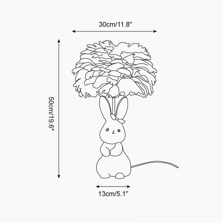 Technical schematic and dimension diagram for pastel bunny table lamp showing 50cm height and 30cm shade diameter
