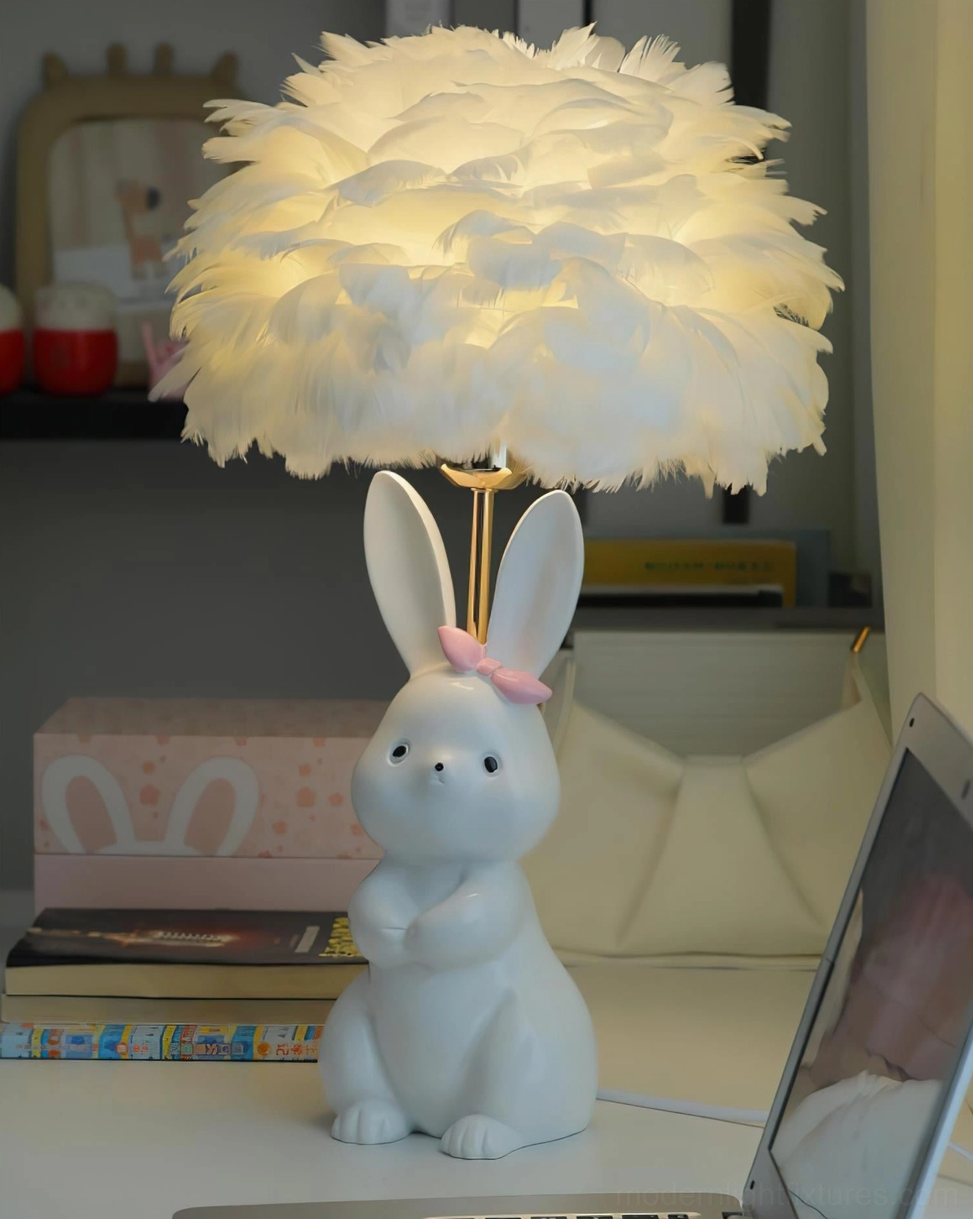 Unlit pastel white rabbit lamp with feather shade on home desk with shelf backdrop - side angle