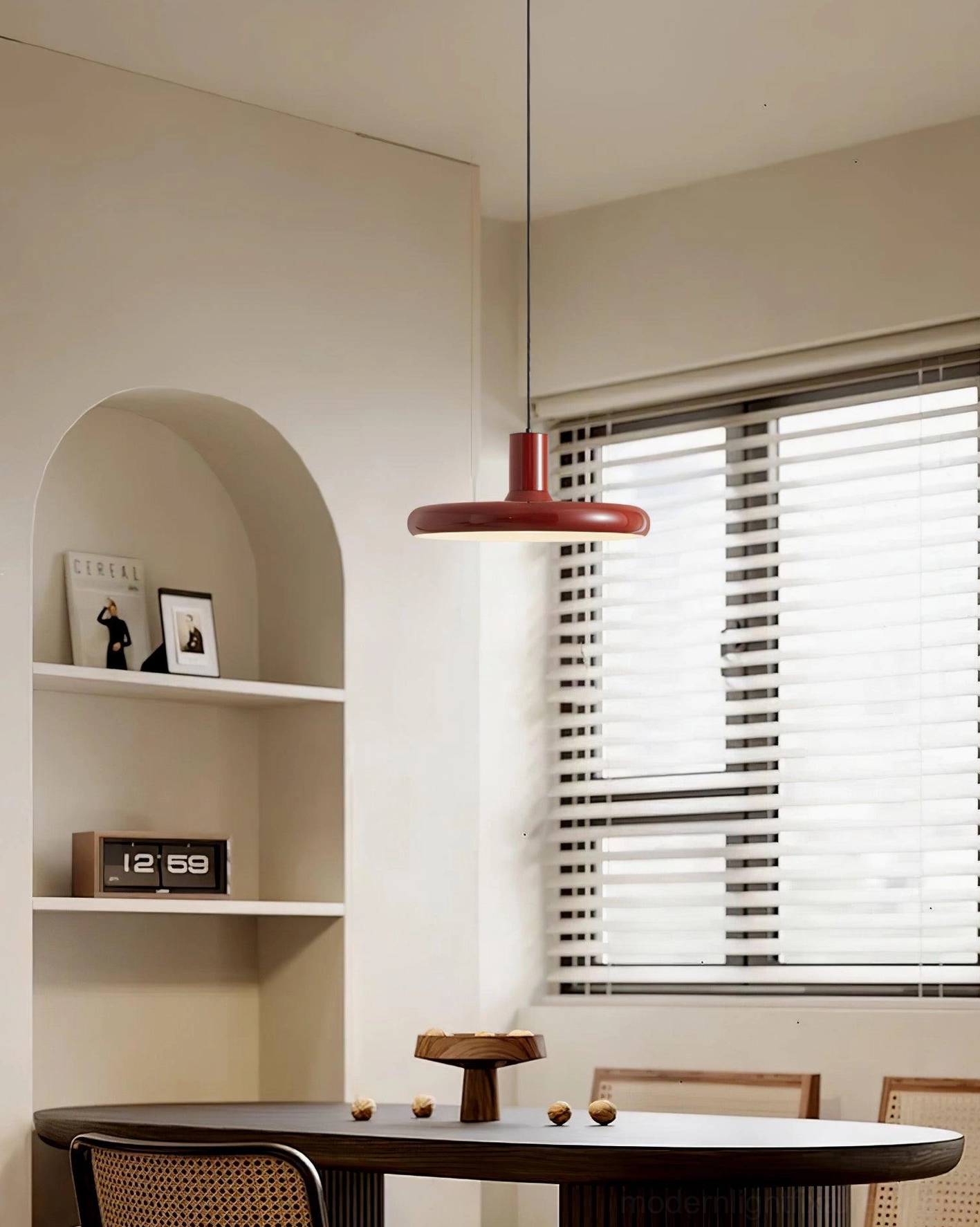 Wine red disc pendant lamp dining nook arched shelf modern minimalist aesthetic