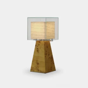 Burlspire burl wood table lamp with clear glass enclosure on wooden console in sunlit modern entryway with botanical decor