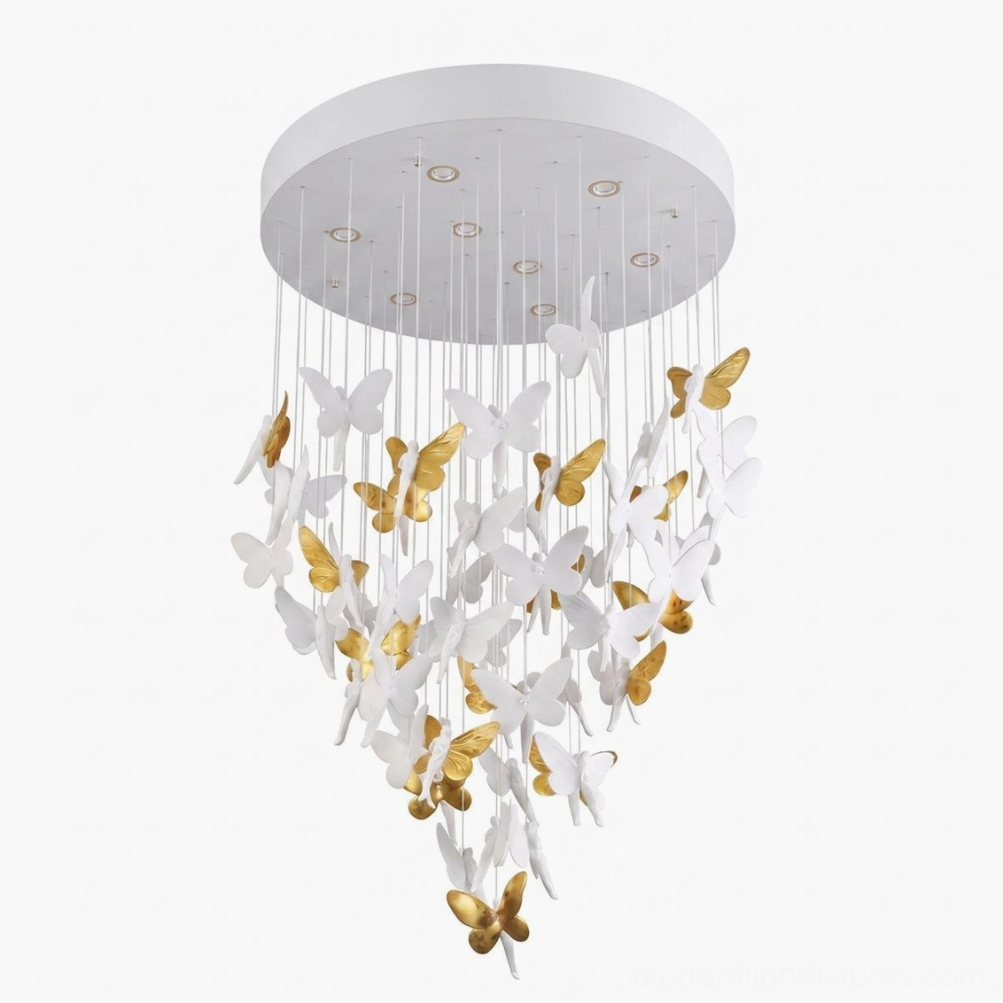 Butterelle chandelier front angled view showing cascading white and gold ceramic butterflies with stainless steel canopy