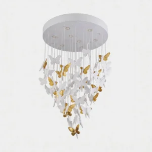 Butterelle ceramic butterfly chandelier with cascading white and gold butterflies on white studio background, modern luxury pendant light fixture