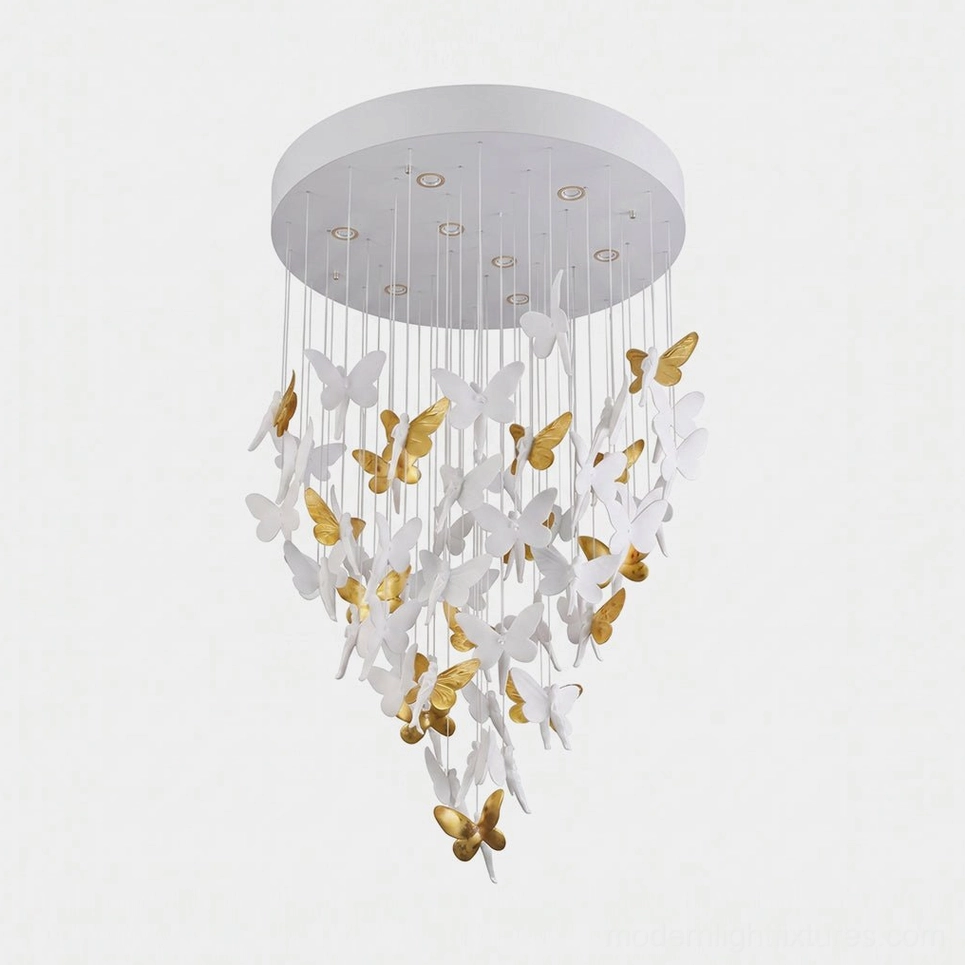 Butterelle ceramic butterfly chandelier with cascading white and gold butterflies on white studio background, modern luxury pendant light fixture