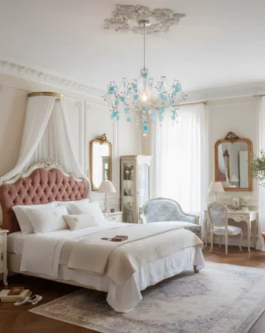 Butterfly dream crystal chandelier installed in romantic French-style master bedroom with pink tufted headboard and elegant classical decor, creating soft warm ambient lighting