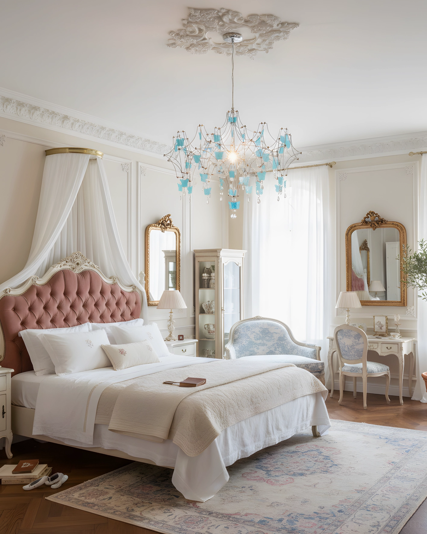 Butterfly dream crystal chandelier installed in romantic French-style master bedroom with pink tufted headboard and elegant classical decor, creating soft warm ambient lighting