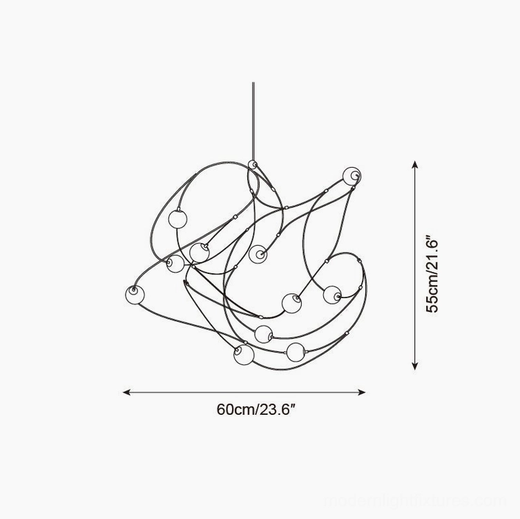Black line art technical drawing of butterfly pendant chandelier showing geometric framework and sphere element positioning