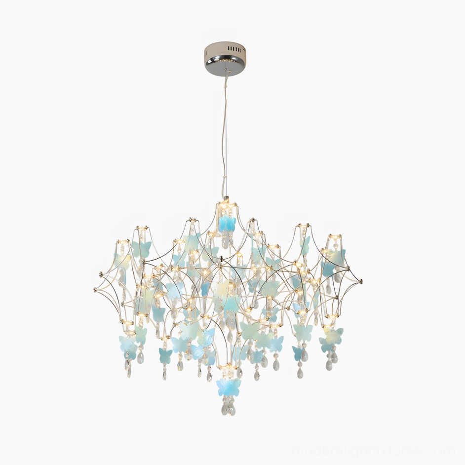 Butterfly dream crystal chandelier in blue finish showing three-dimensional sculptural form with cascading crystal elements and metallic butterfly details