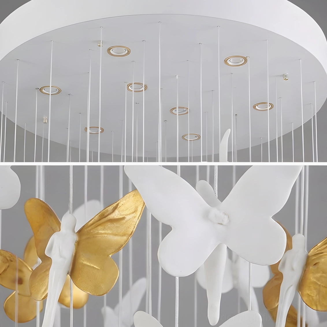 Overhead view of chandelier ceiling canopy showing white metal base and recessed GU10 light socket integration with gold trim