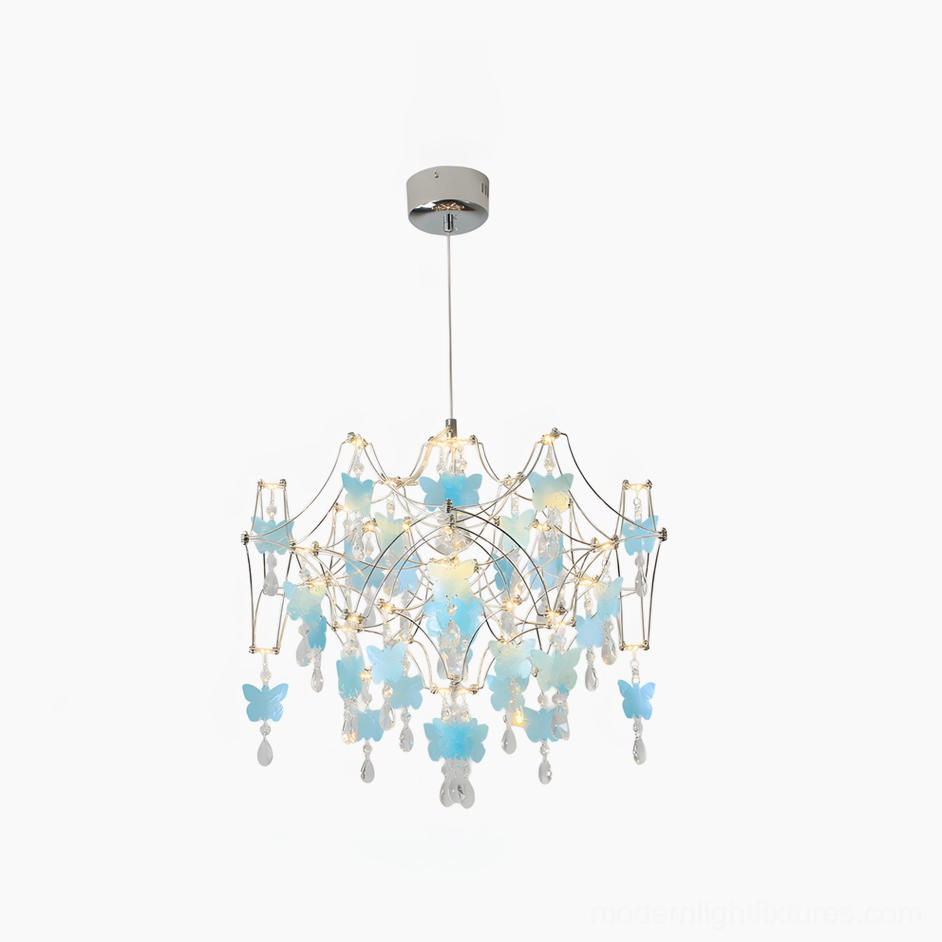 Compact butterfly dream crystal chandelier in intimate bedroom setting showing 60cm size perfect for smaller rooms with handcrafted butterfly and crystal design