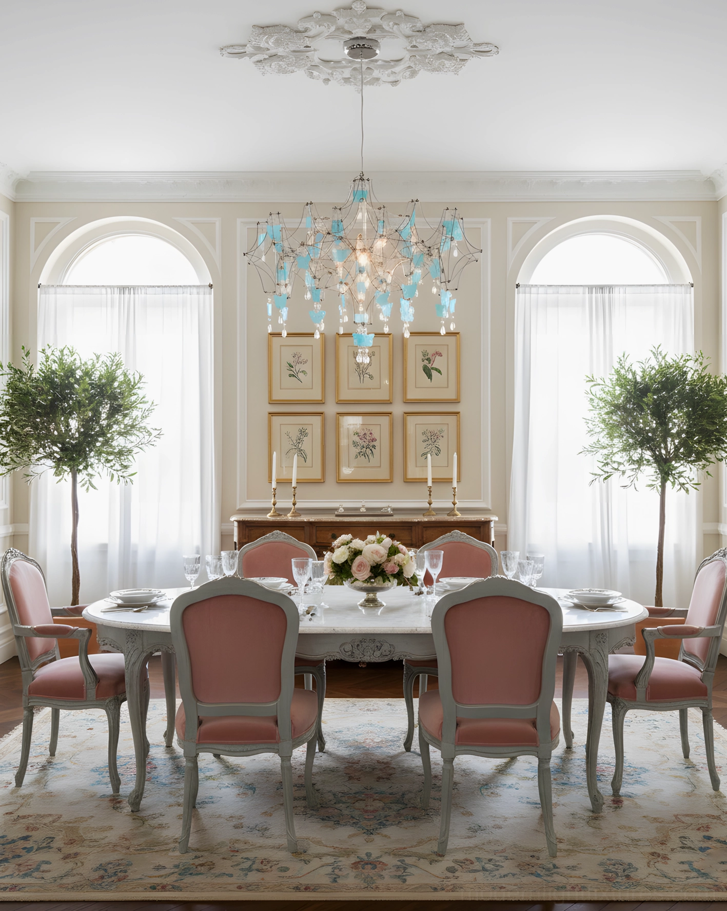 Butterfly dream crystal chandelier suspended in French-style round dining room with arched windows, pink dining chairs and floral centerpiece for sophisticated entertaining