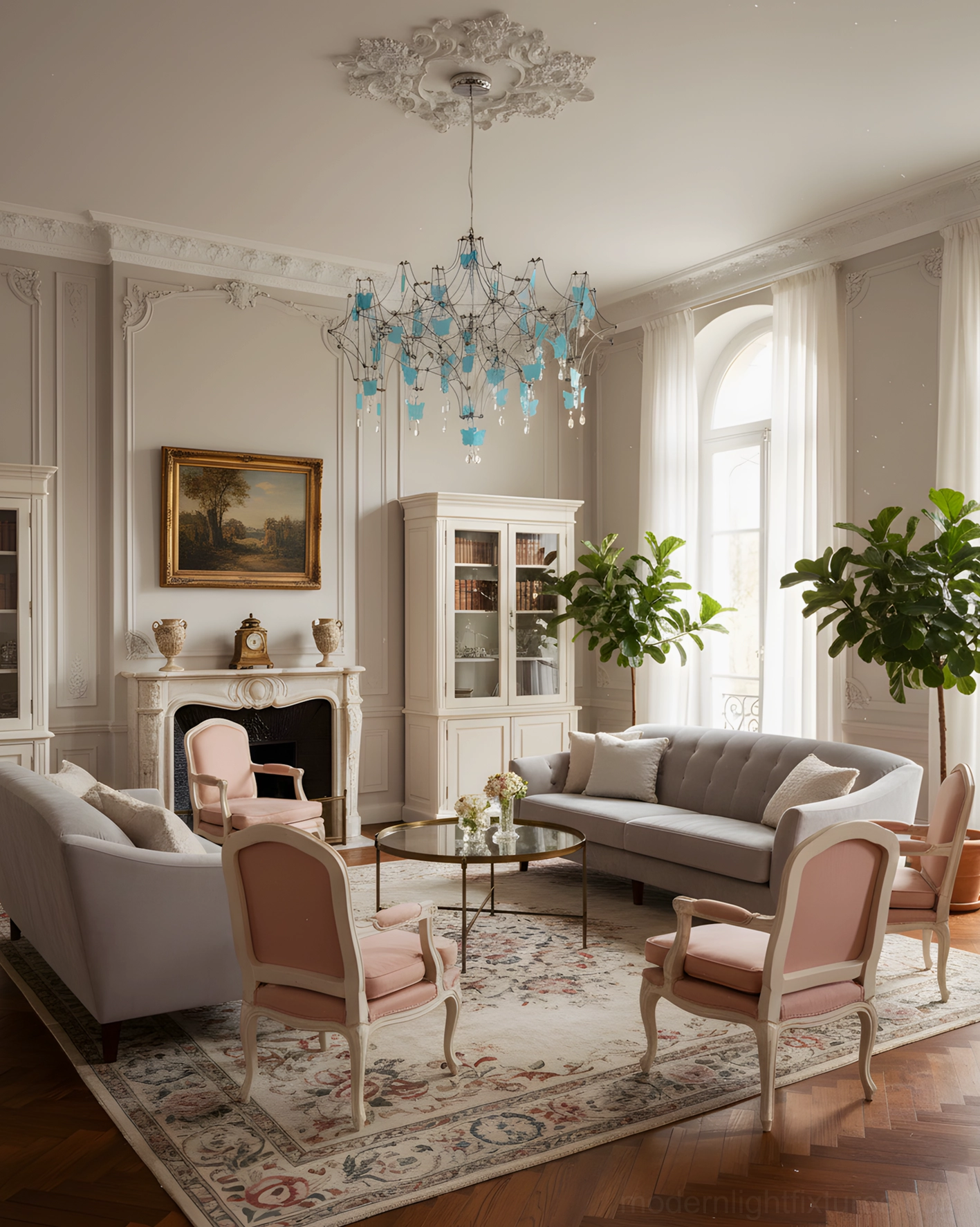 Handcrafted butterfly crystal chandelier illuminating French-style living room with classic sofa set and indoor green plants, demonstrating transitional interior design