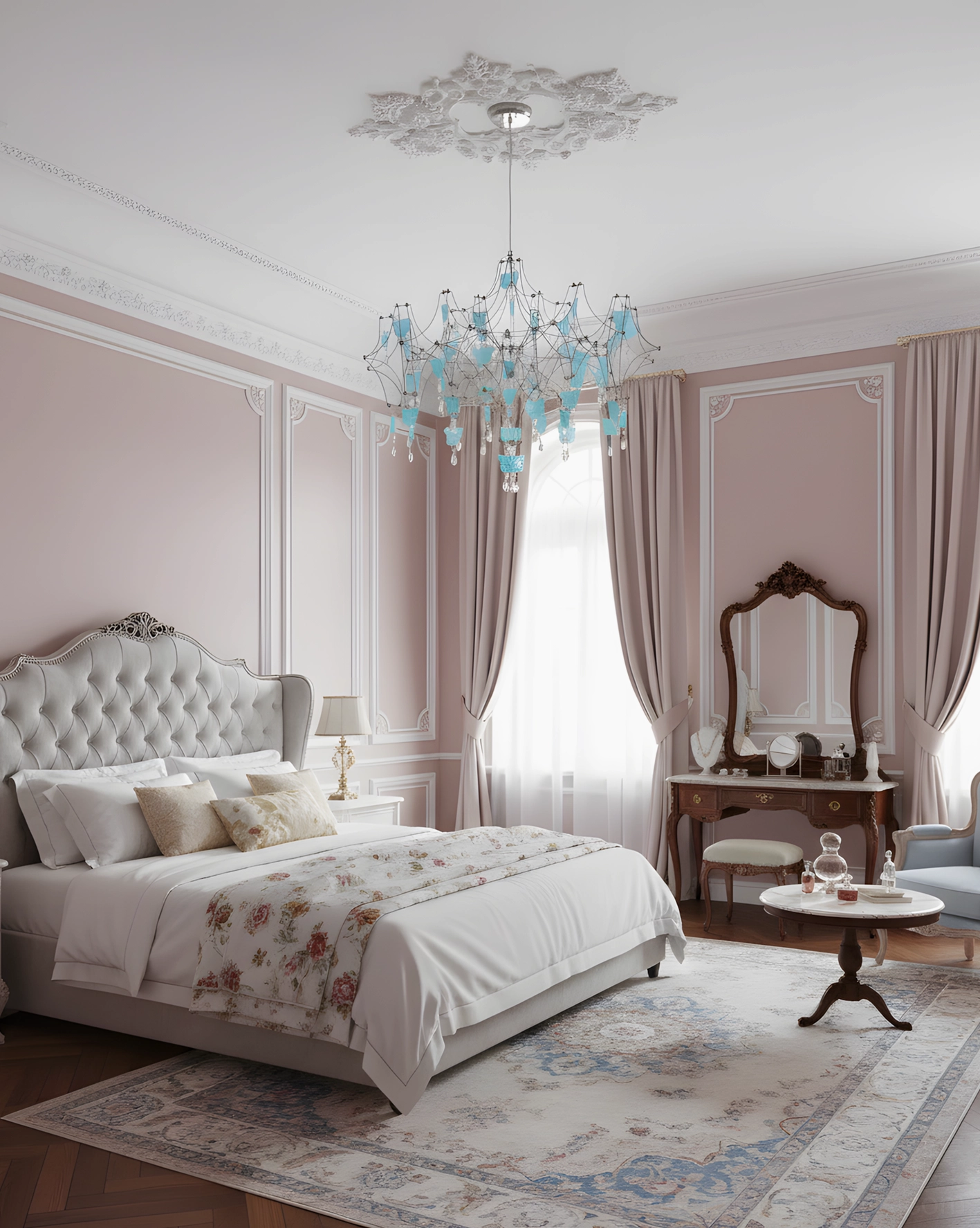 Blue butterfly crystal chandelier brightening pastel French-style master bedroom with soft grey tufted headboard and elegant vanity desk set, creating dreamy romantic ambiance