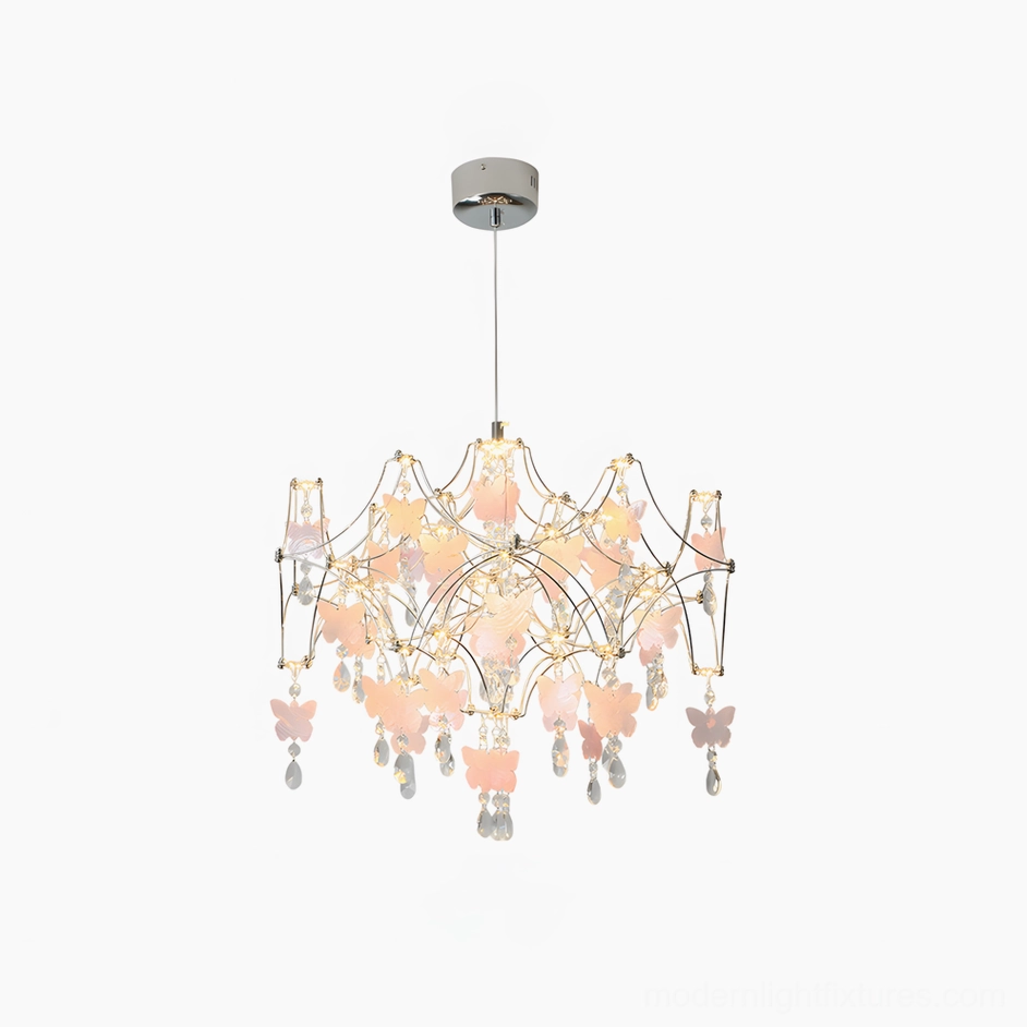 Small butterfly dream crystal chandelier in pink showing ideal compact sizing for bedrooms and personal spaces with handcrafted artisan quality