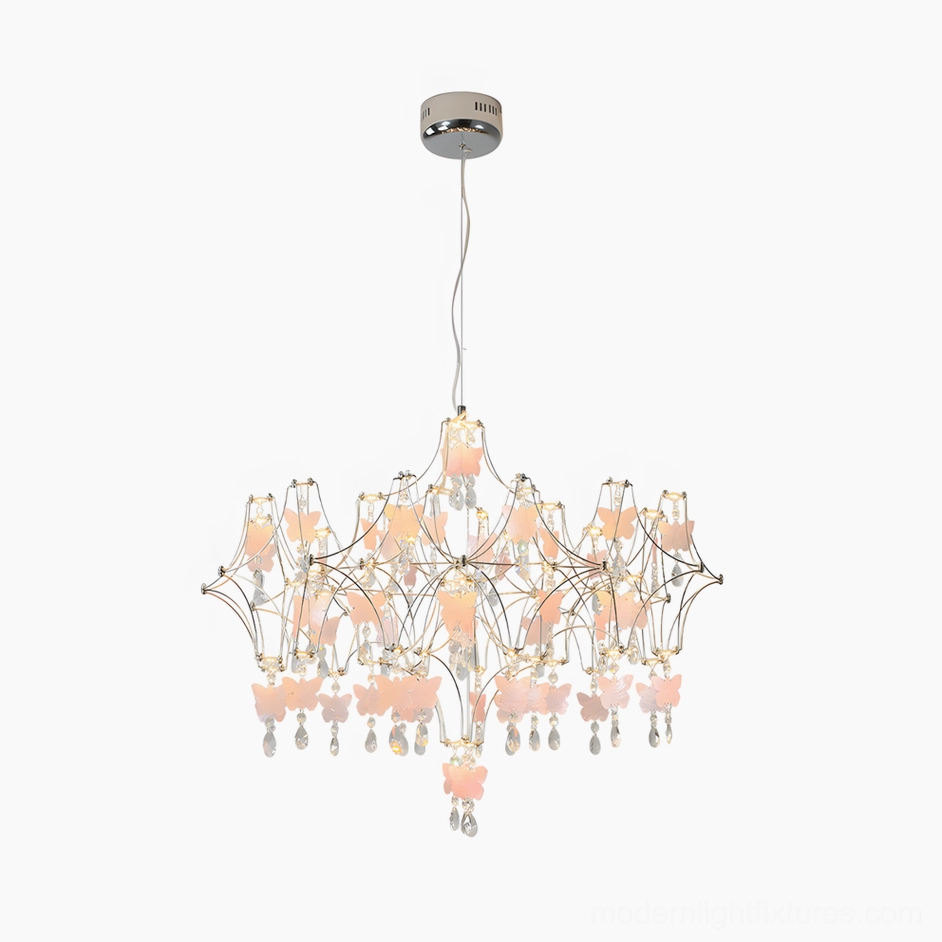Butterfly dream chandelier in pink finish suspended above elegant bedroom furniture creating romantic feminine aesthetic with soft warm 3000K LED lighting