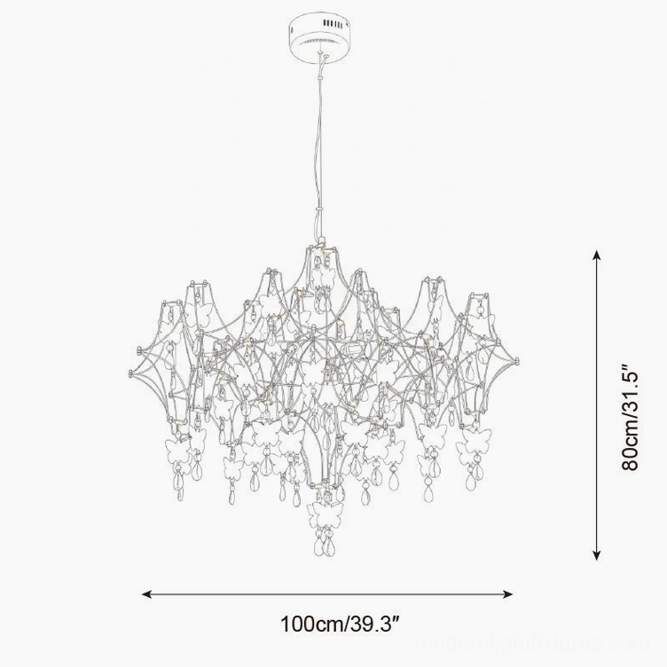 Butterfly dream chandelier technical specification drawing showing extra-large statement size 100cm width by 80cm height with complete dimensional specifications