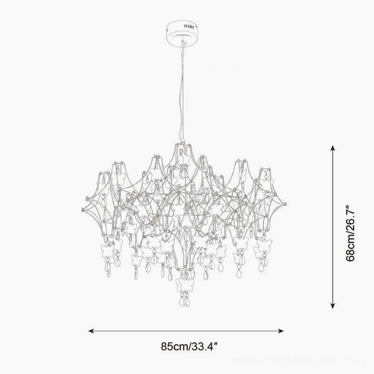 Butterfly dream chandelier technical specification drawing showing large size 85cm width by 68cm height with precise measurement details for dining room installation