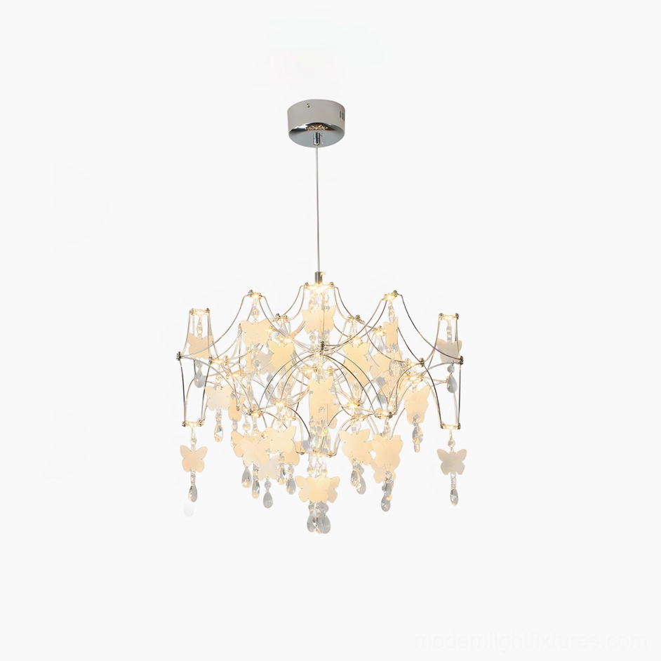 Butterfly dream chandelier in white finish compact size installed in beautiful bedroom space demonstrating clean aesthetic and versatile color coordination