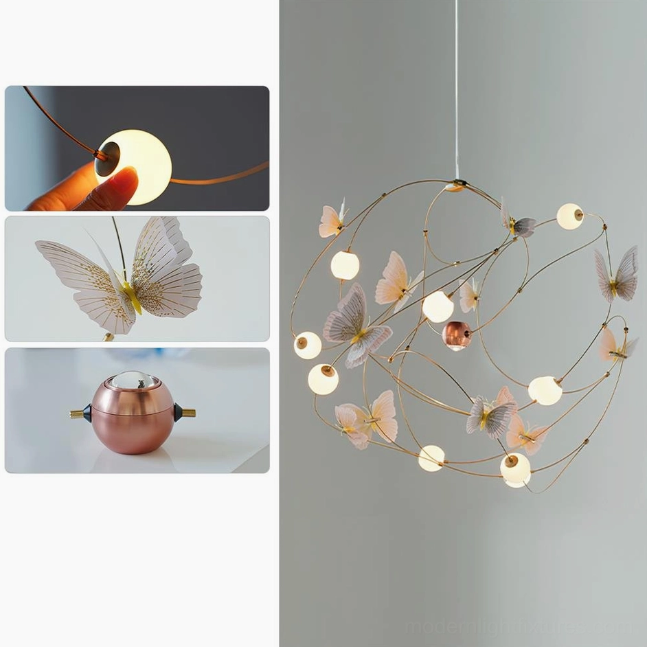 Butterfly-themed pendant chandelier with yellow butterfly ornaments and spotlight enhancement for layered accent lighting