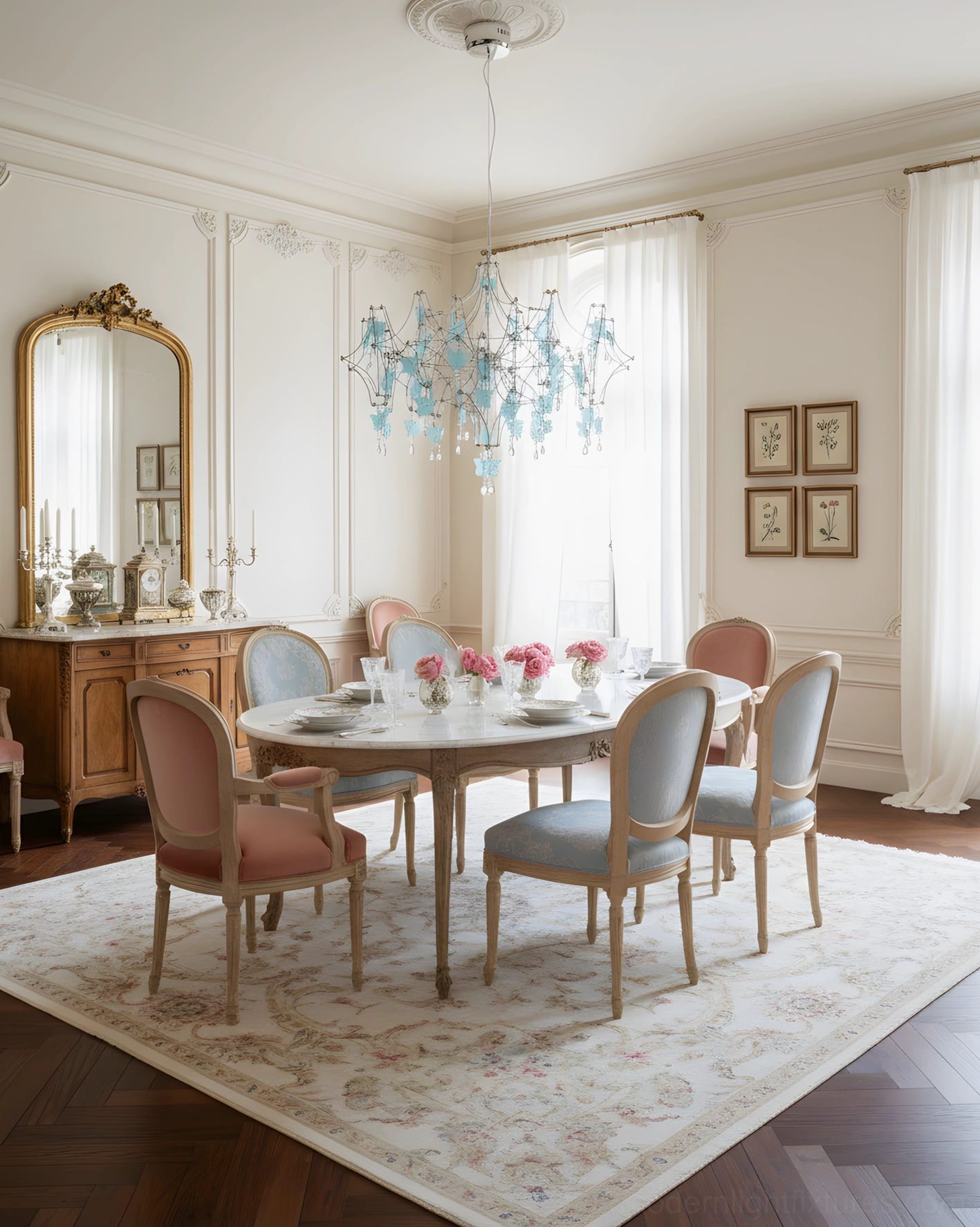 Blue butterfly crystal chandelier suspended above formal wooden dining set in French-style dining room with neutral warm interior, perfect for upscale entertaining