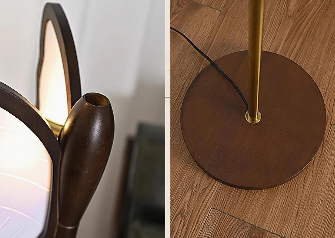 Modern butterfly floor lamp base and metal pole assembly showing craftsmanship, chrome finish close-up