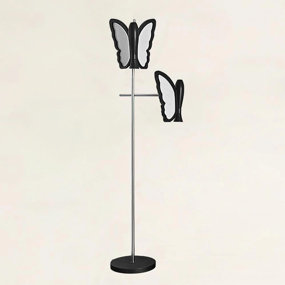 Contemporary butterfly floor lamp with chrome metal stand, black base, dual dark butterfly lamp heads