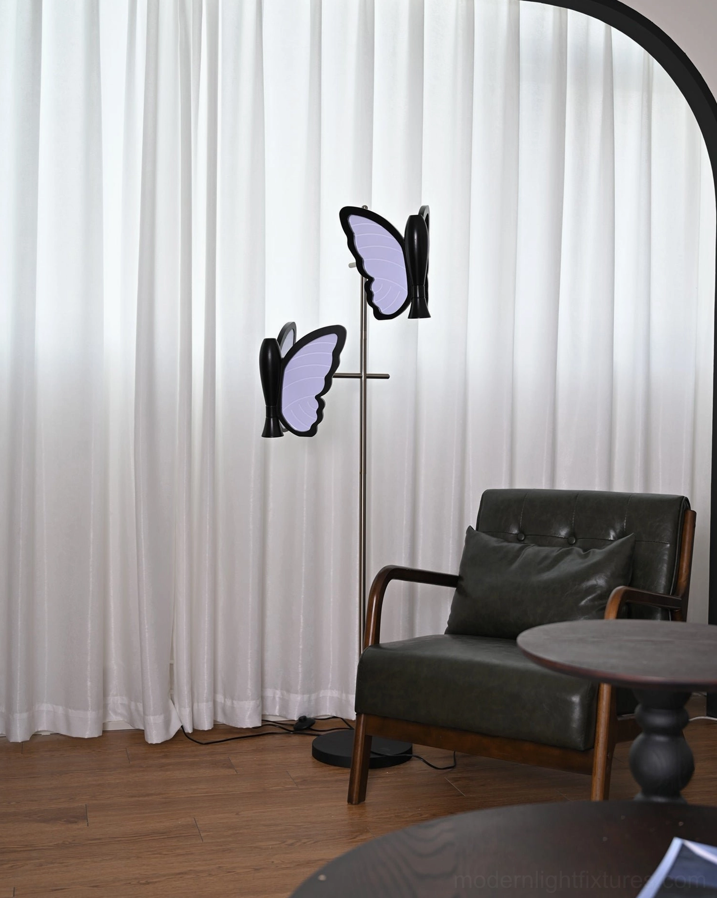 Butterfly floor lamp corner placement with light purple shades, silver metal pole, black base, home interior with curtains