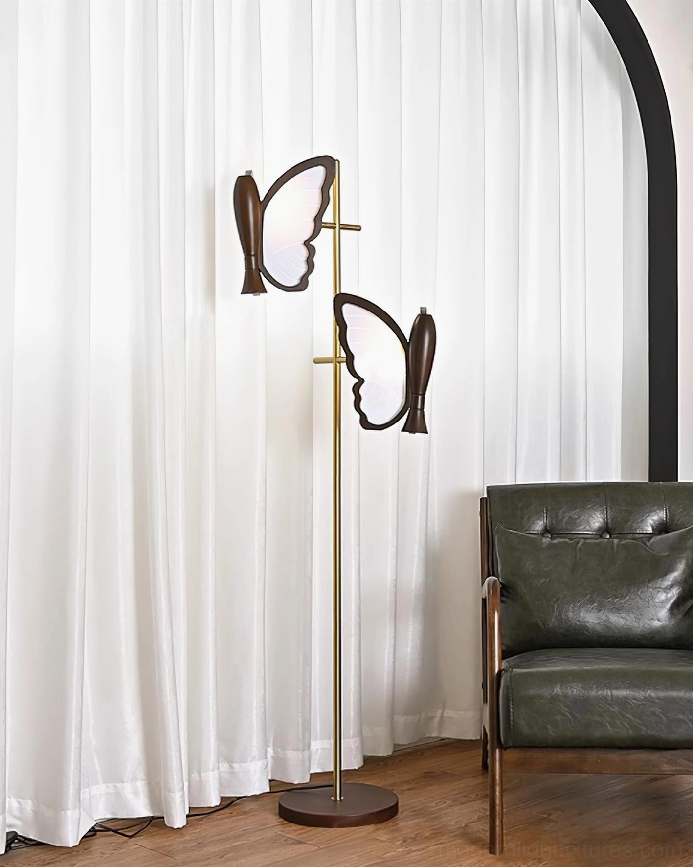 Multiple butterfly floor lamp color options displayed, chrome gold walnut black finishes comparison showcase