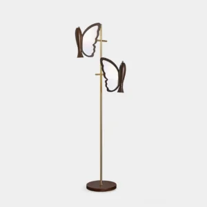 Butterfly floor lamp with dual butterfly-shaped lamp heads, brass gold metal stand, dark wooden base, front three-quarter view