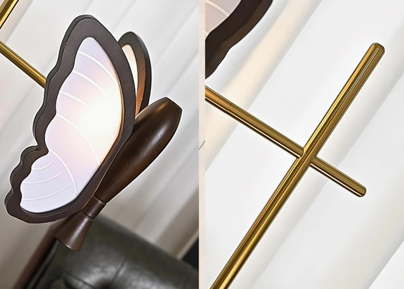 Dual butterfly floor lamp artistic design detail, sculptural butterfly-shaped light fixtures with metal construction