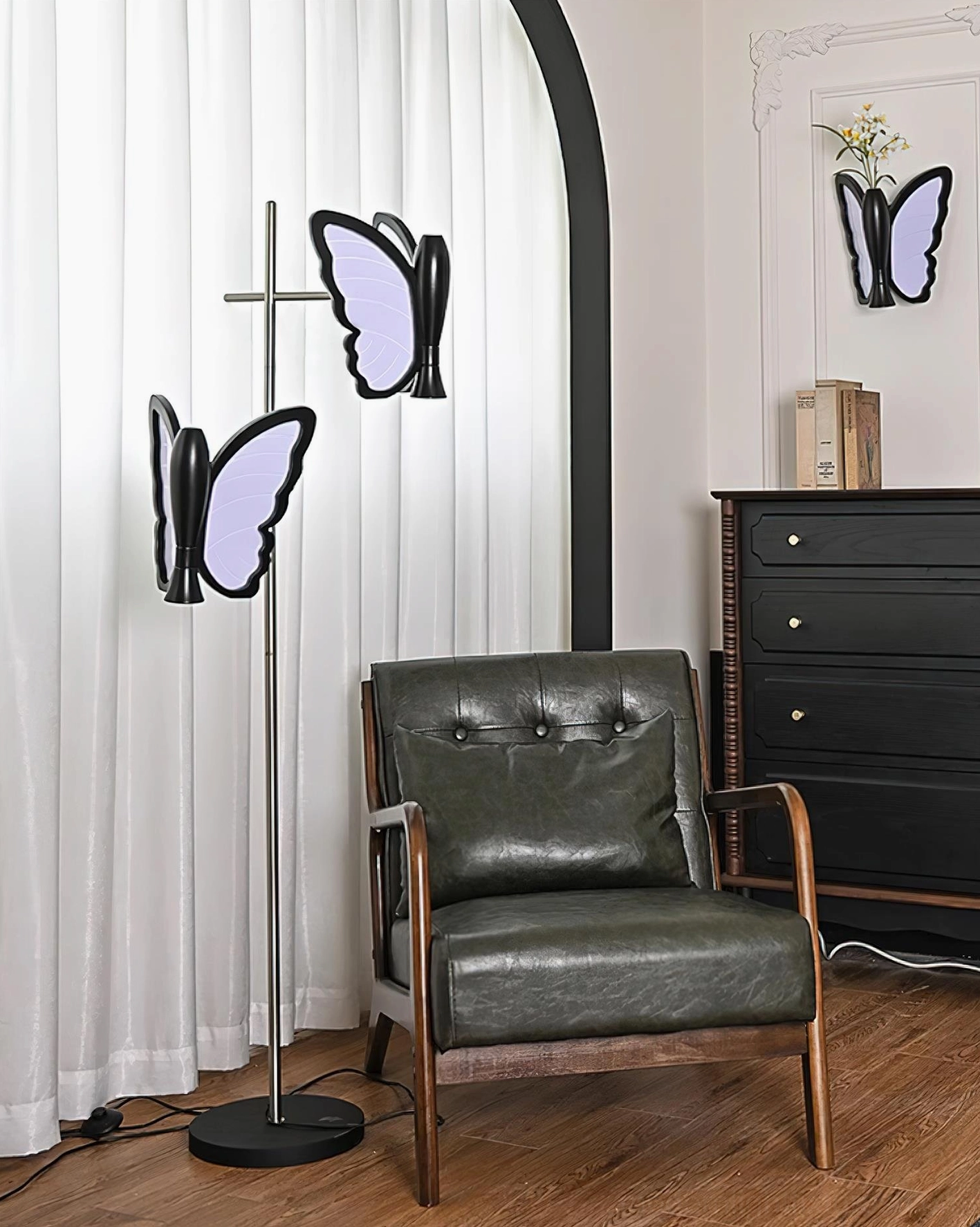 Butterfly floor lamp butterfly shade detail showing acrylic wings, light diffusion, artistic lamp head design