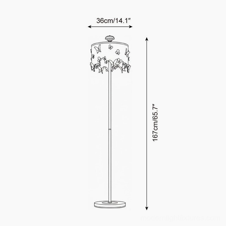 Lunefly butterfly floor lamp technical schematic showing 36cm shade width and 167cm total height with cut-out design specifications