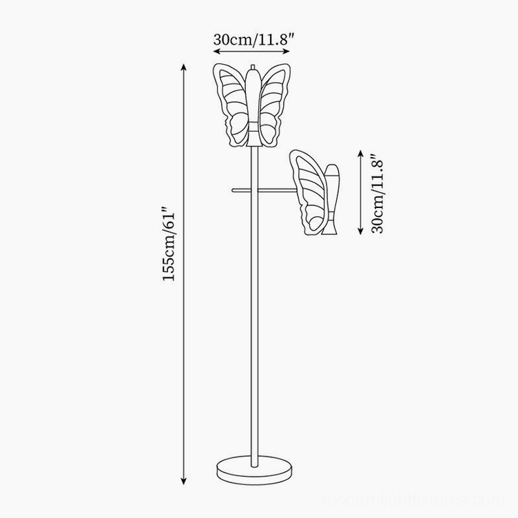 Technical schematic drawing of butterfly floor lamp showing dimensions 155cm height by 30cm width