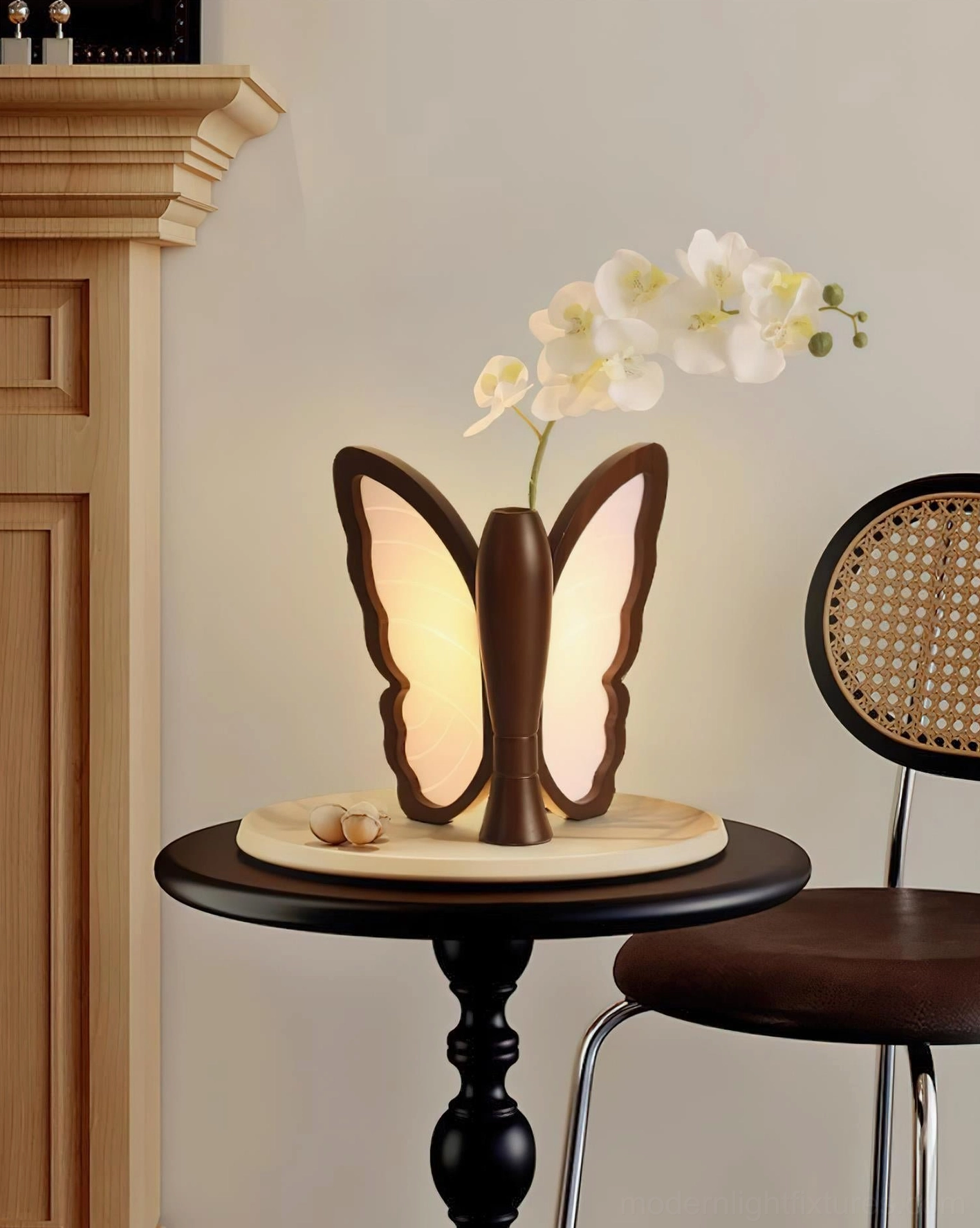 Butterfly table lamp front view detail showing frosted acrylic wings light diffusion and design elements