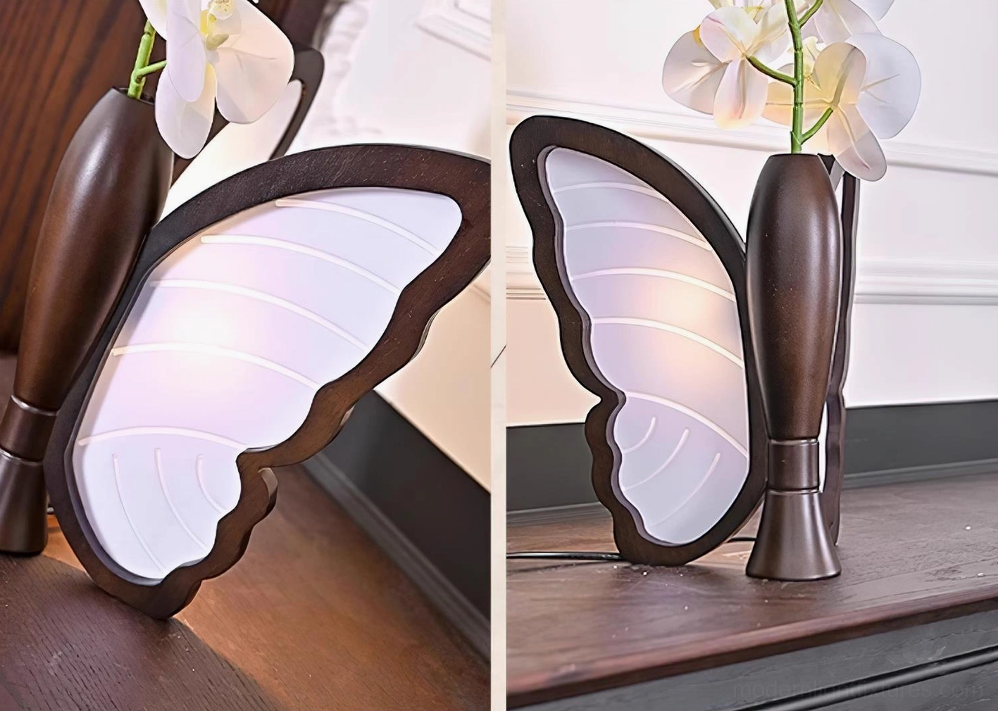 Butterfly table lamp three-quarter angle view showing glowing illuminated wings and decorative form