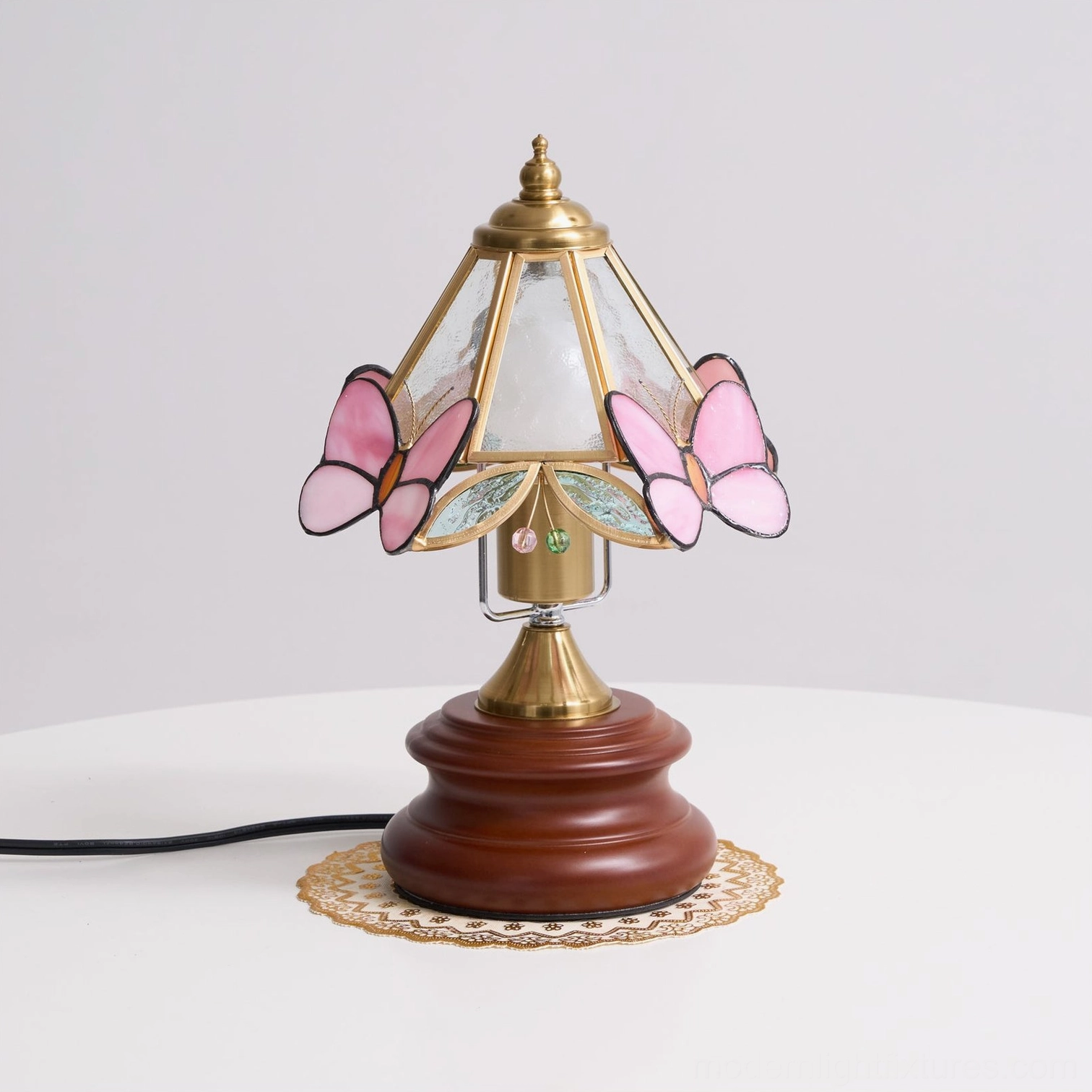 Stained glass butterfly table lamp size comparison showing compact 31cm height for bedside placement