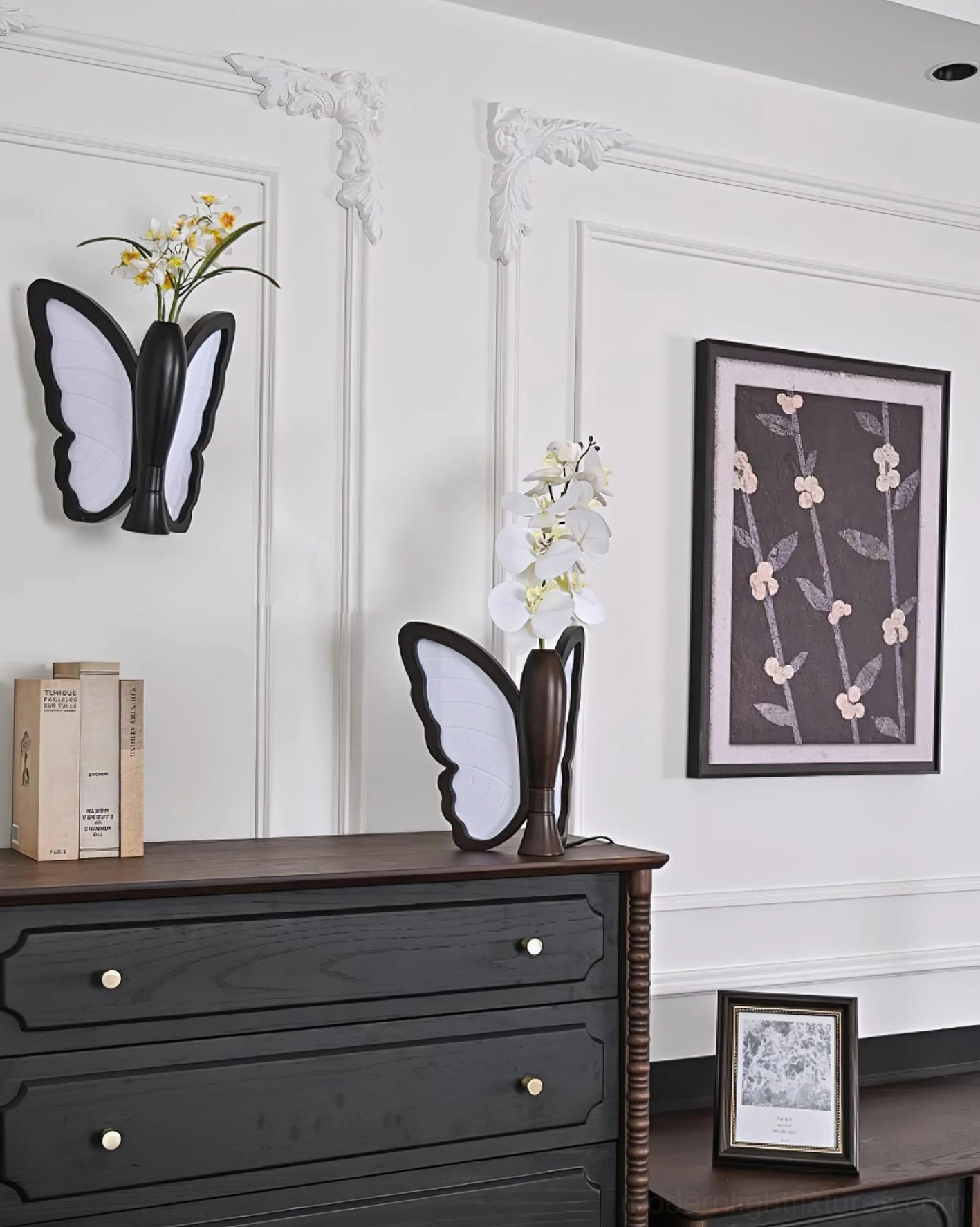 Butterfly table lamp walnut color finish displayed in living room with complementary home furnishings
