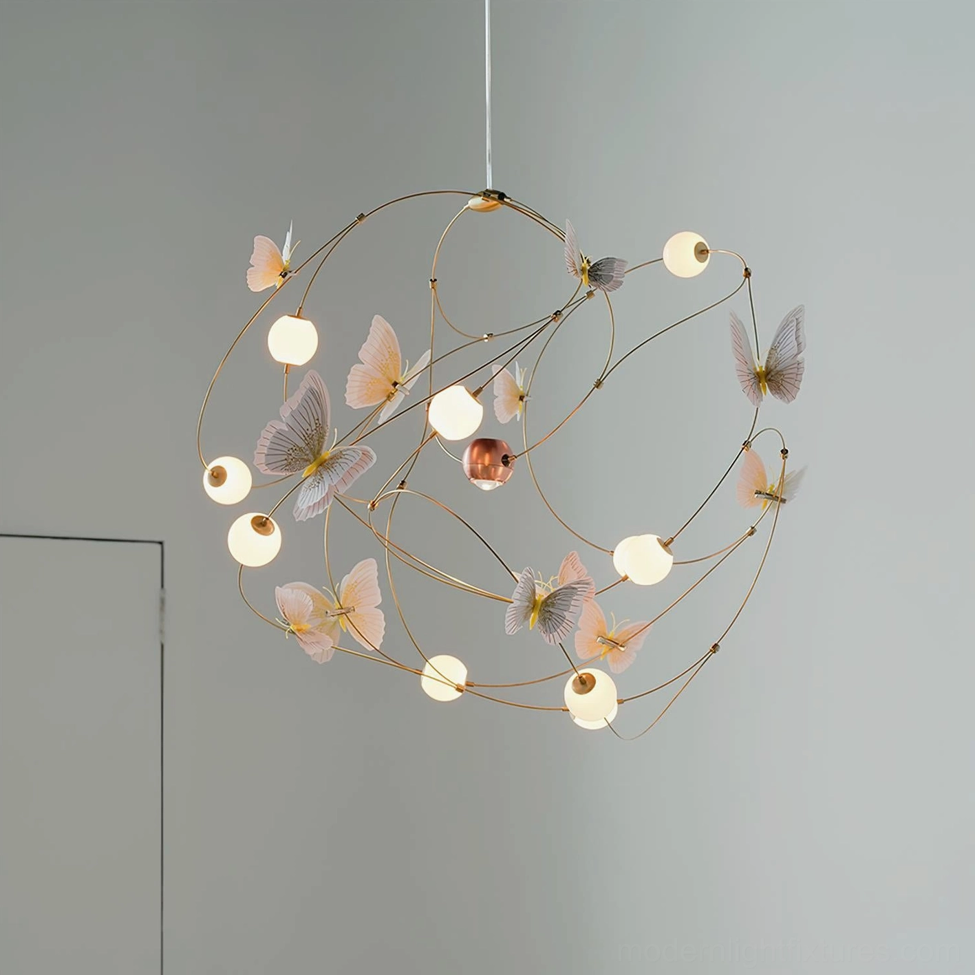 Contemporary butterfly pendant lighting fixture with pink-purple butterfly decorations and warm glowing LED illumination in modern interior