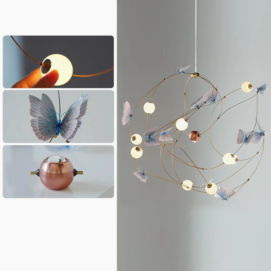 Modern butterfly pendant fixture with blue butterfly ornaments and spotlight option for enhanced directional illumination