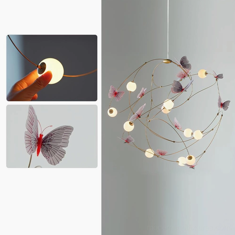 Modern butterfly pendant fixture with pink butterfly ornaments and warm white LED integrated lighting for eclectic interiors
