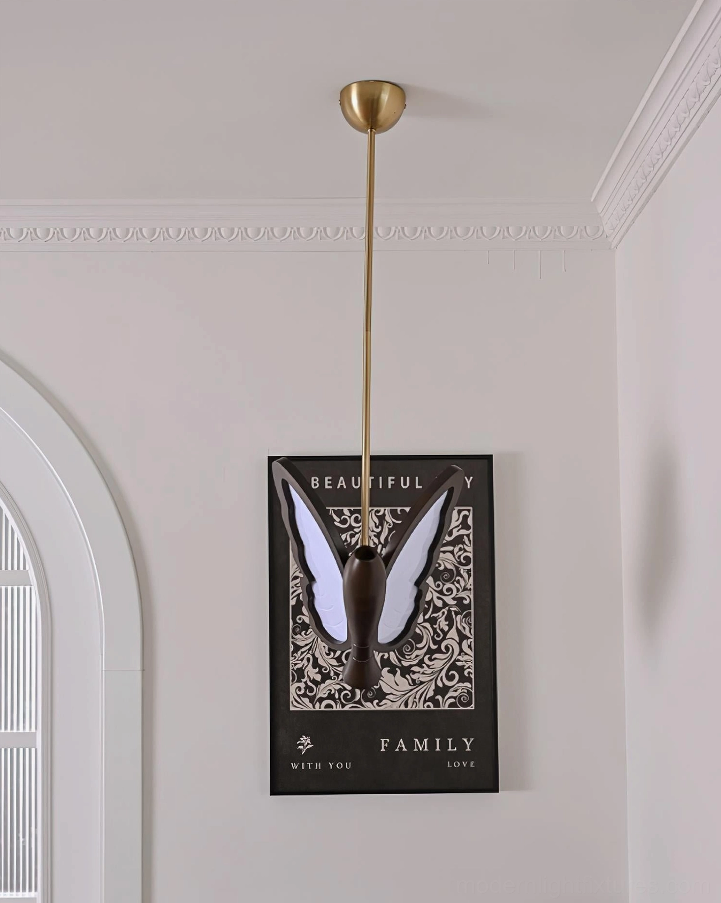 Butterfly pendant light fixture in various color options displayed to show design versatility and material finishes