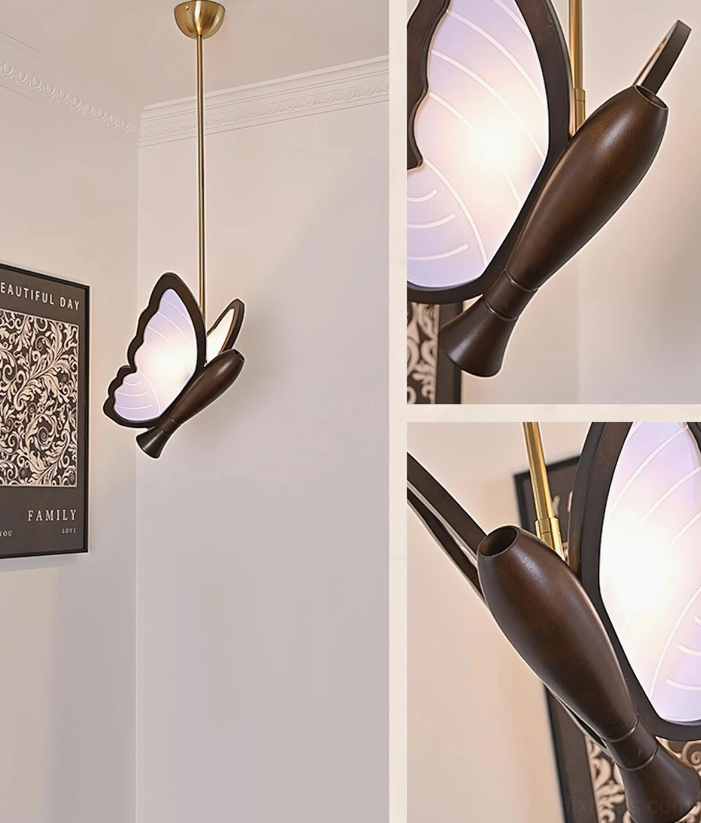 Butterfly pendant light close-up details showing glowing frosted acrylic interior and wooden sculptural structure