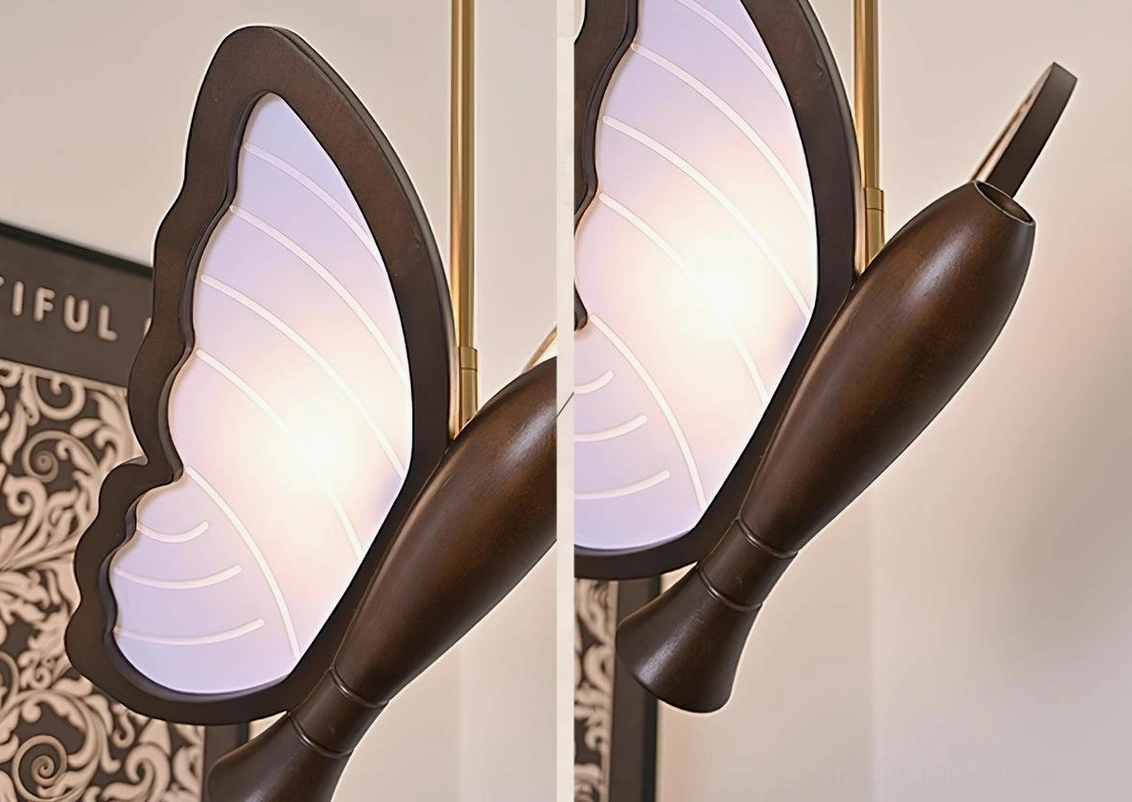 Butterfly pendant lamp macro photography showing frosted acrylic wings and dark brown lamp body illuminated interior