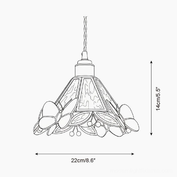 Technical specification drawing of Model A butterfly pendant lamp showing dimensions 22cm diameter by 14cm height