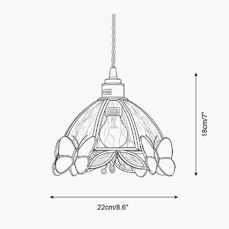 Technical specification drawing of Model B butterfly pendant lamp showing dimensions 22cm diameter by 18cm height with exposed bulb design