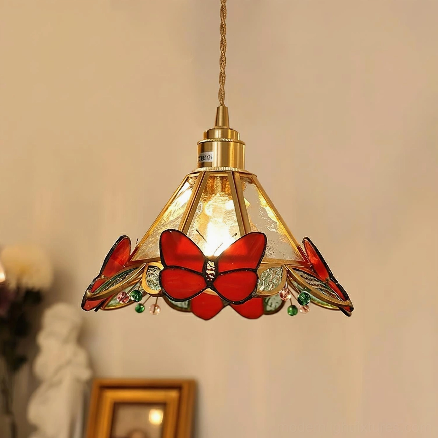 Red butterfly stained glass pendant light with jewel-tone glass butterflies and premium brass frame