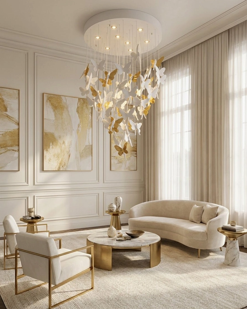 Contemporary butterfly chandelier in modern luxury living room with paneled walls, abstract gold artwork, and linen seating