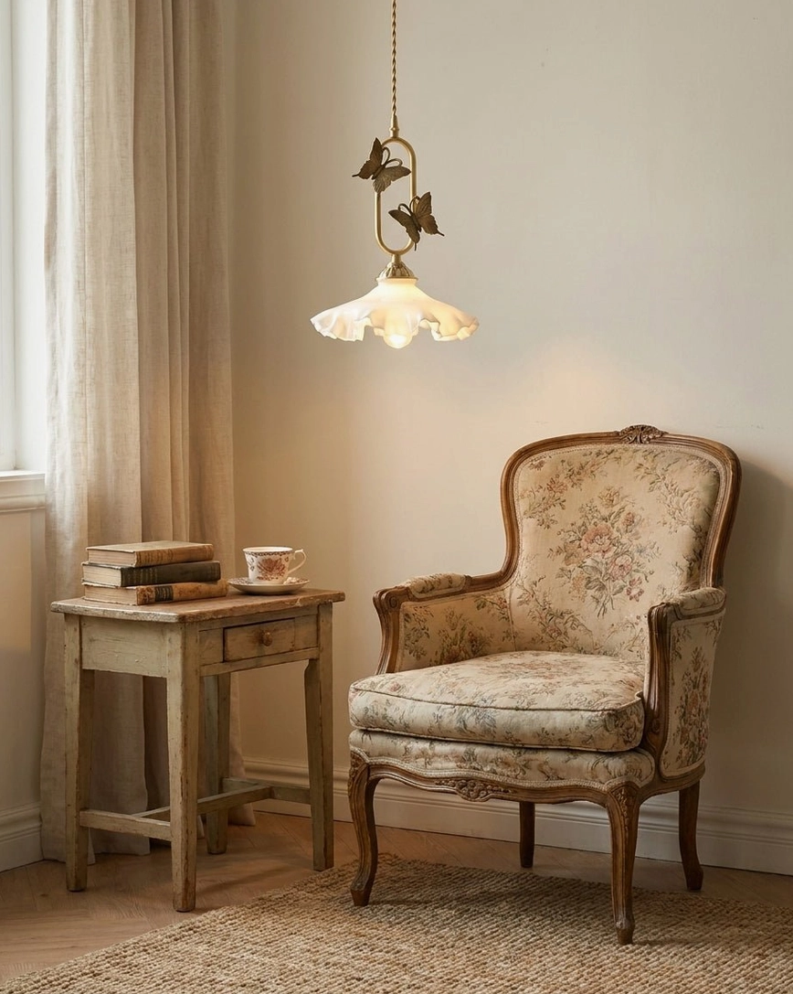 Butterfly pendant light mounted above floral armchair in vintage reading nook, warm vintage interior design