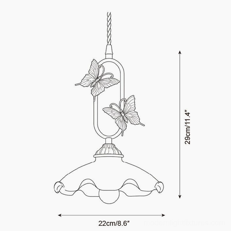 Compact butterfly pendant lamp technical drawing, 29cm height 22cm scalloped bowl white jade shade specifications