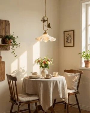 Vintage brass butterfly pendant lamp glowing in warm dining room ambiance, creating soft overhead lighting