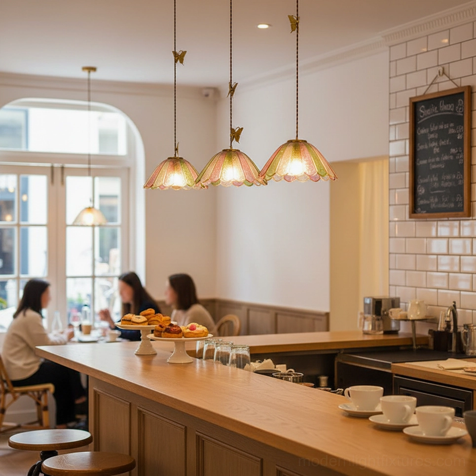 Vintage butterfly pendant lights hanging above kitchen counter in cottage-style kitchen